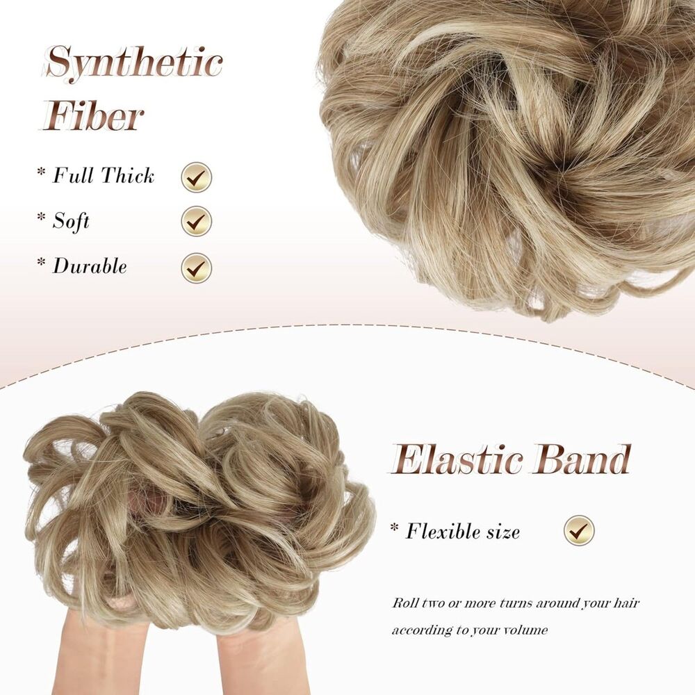 feshfen Wavy Messy Bun Hairpiece – Mixed Blonde with Ash Blonde Tips
